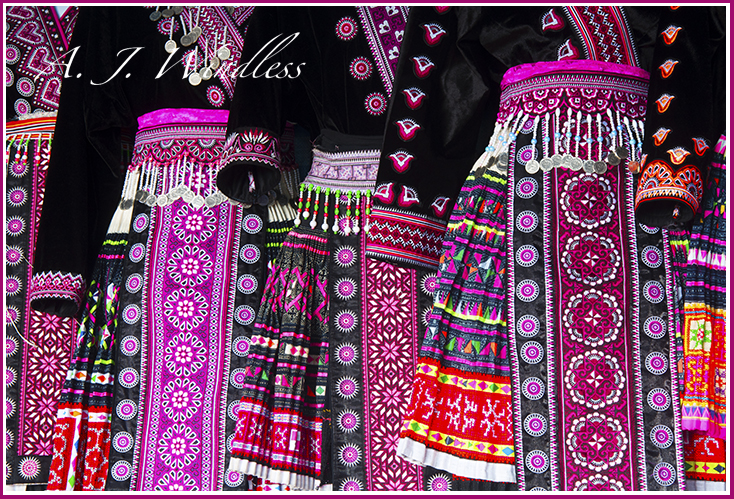 Artistic and colorful the Hmong hill tribes near Chiang Mai Thailand create strikingly beautiful clothing.