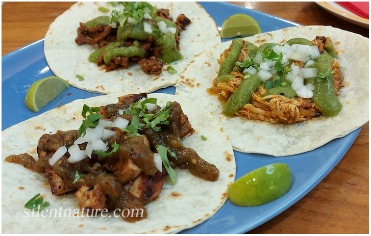 All you can eat tacos, three spread out on one plate, each with different types of prepared chicken.