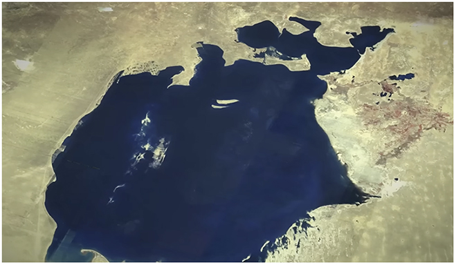 Photo showing the size of the Aral Sea prior to Soviet exploitation for cotton growing.