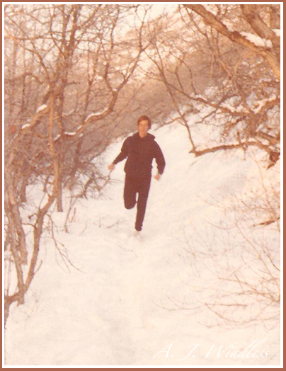 In the mountains I run down a snow covered trail through the trees.