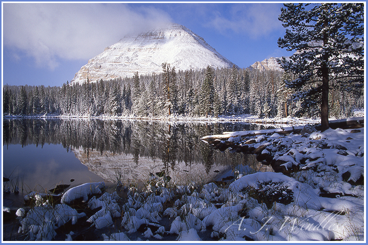 Reflections of a snow covered mountain lake while the shoreline is spotted with snow covered boulders.