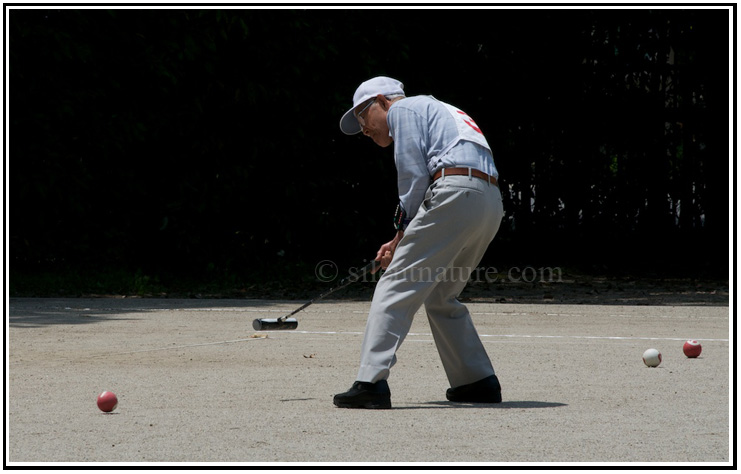 Elderly Japanese man plays croquet