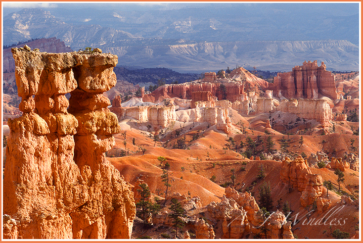 A double hoodoo rises above the scenery of Bryce Canyon.