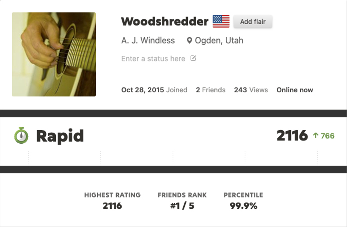 A screen shot from chess.com showing my recently achieved rating of 2116 and my percentile rank of 99.9%