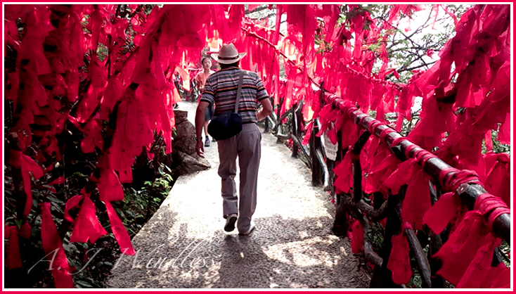 A Chinese man high on Tianmen Mountain walks through a barrage of red ribbons.