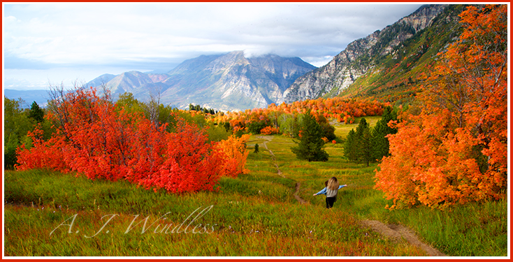 Two university girls are breathless as they walk down a mountain trail of fall colors.